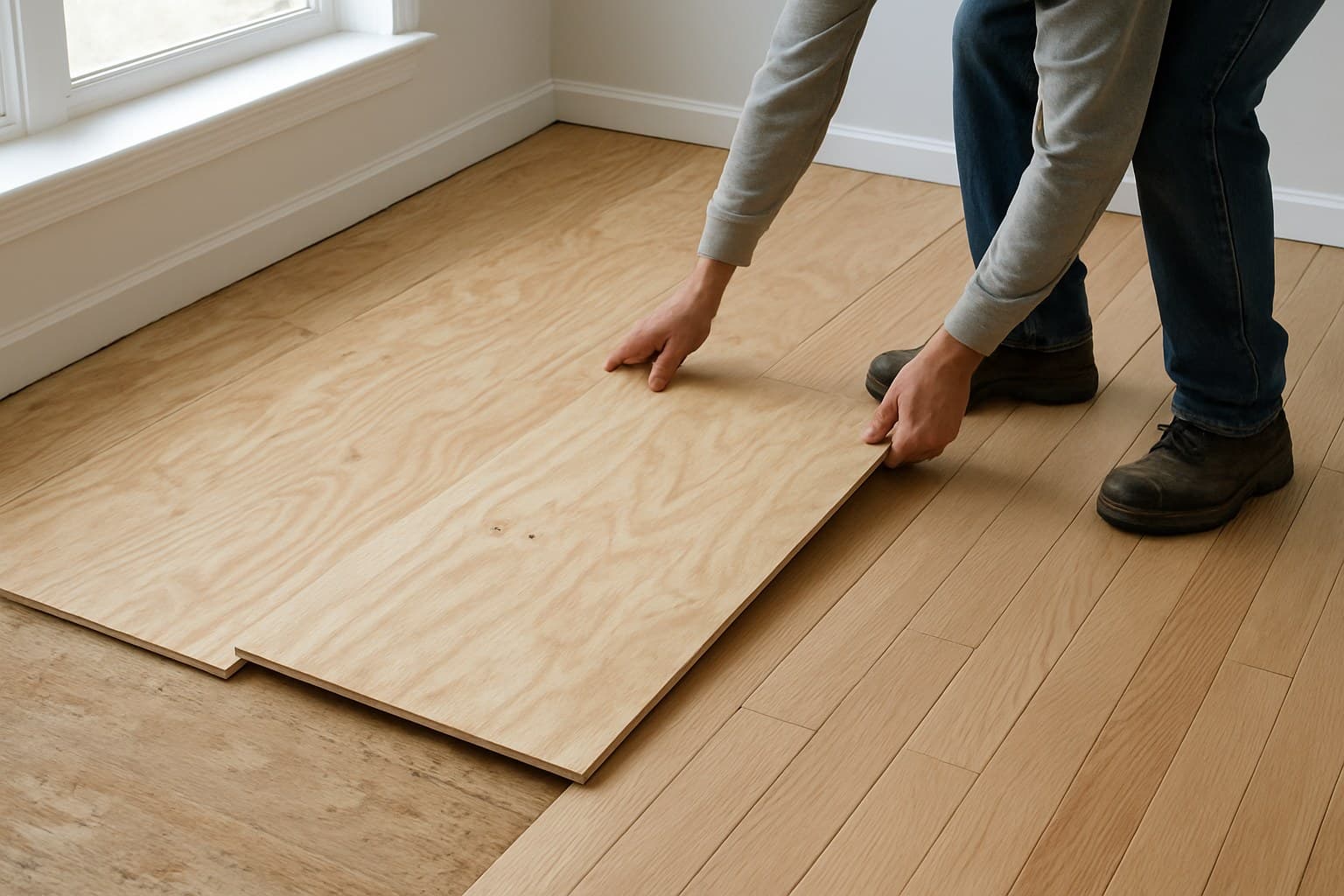 Worker installing plywood subfloor before laying hardwood planks
