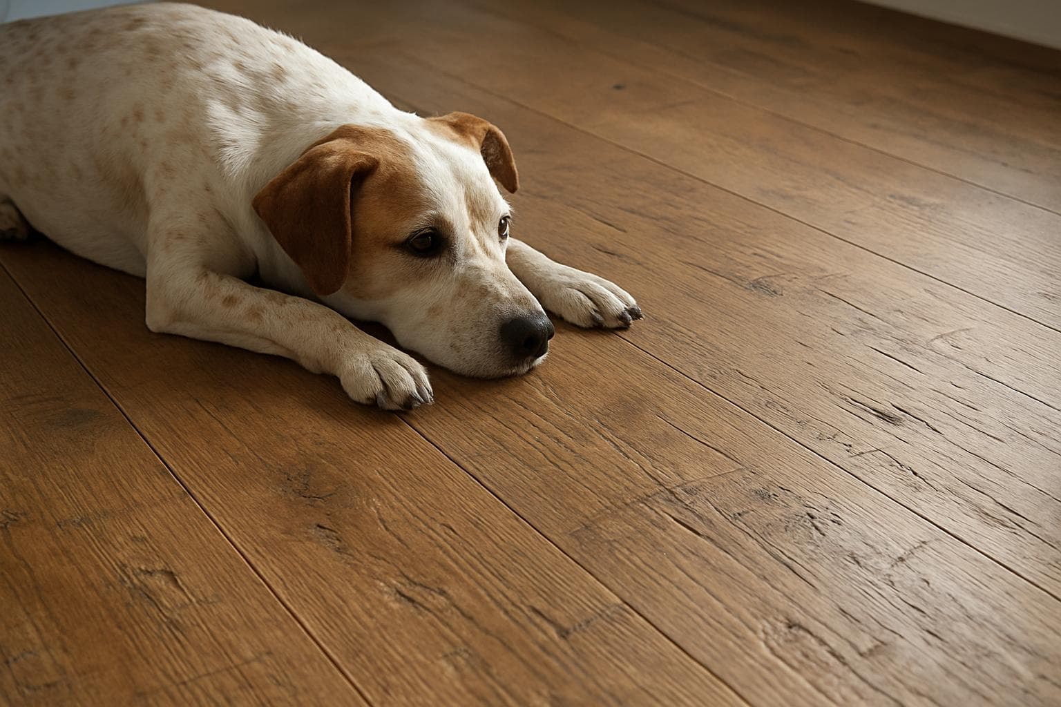 Dog lying on textured wood floor near visible scratches and dents