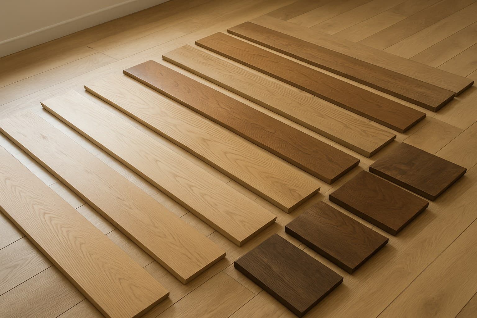 Rows of oak flooring boards arranged by color and grain reflecting official grading standards