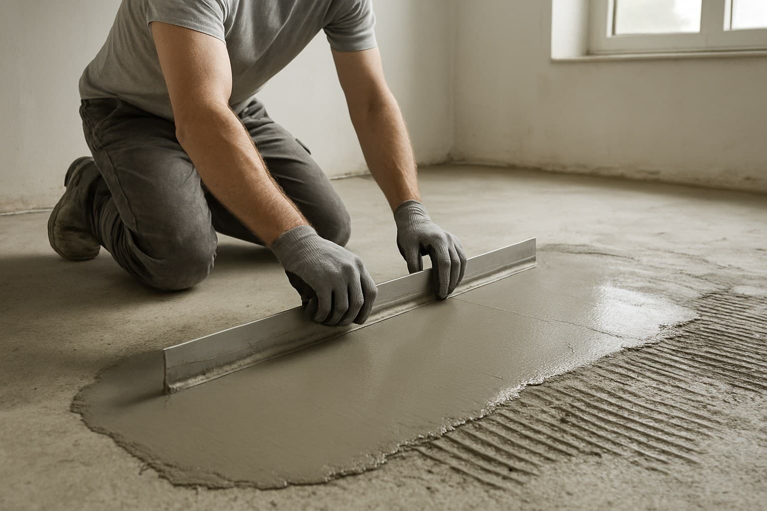Worker spreading leveling compound to flatten a concrete subfloor before tiling