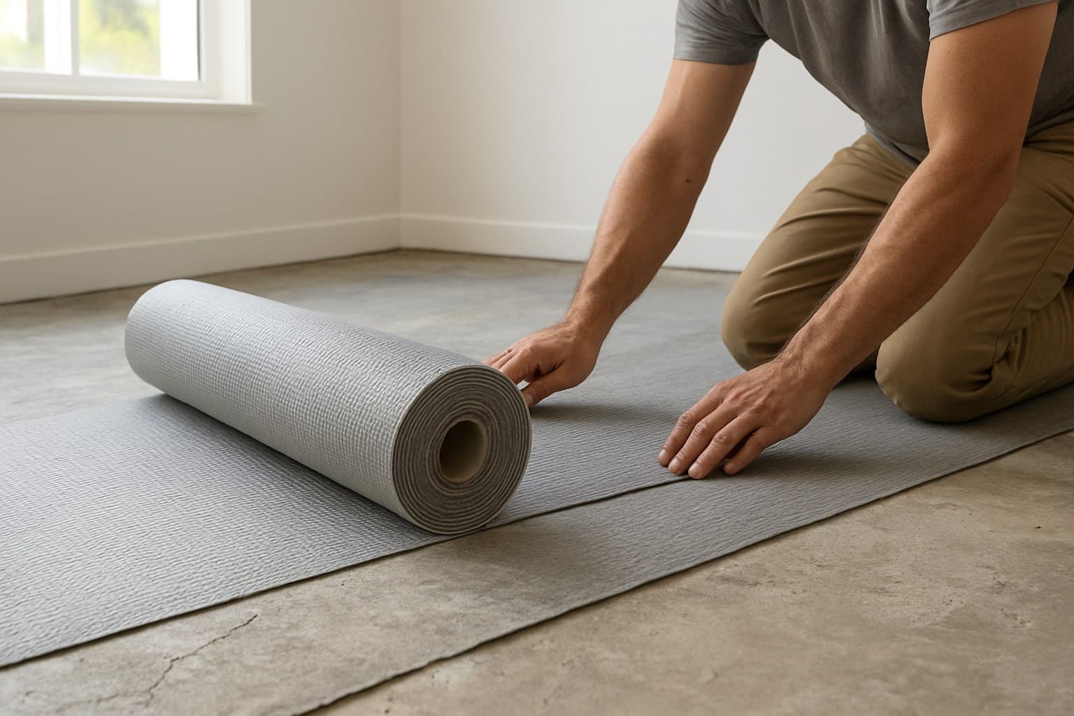 Installer rolling a crack isolation membrane over a slab ahead of stone tile flooring.
