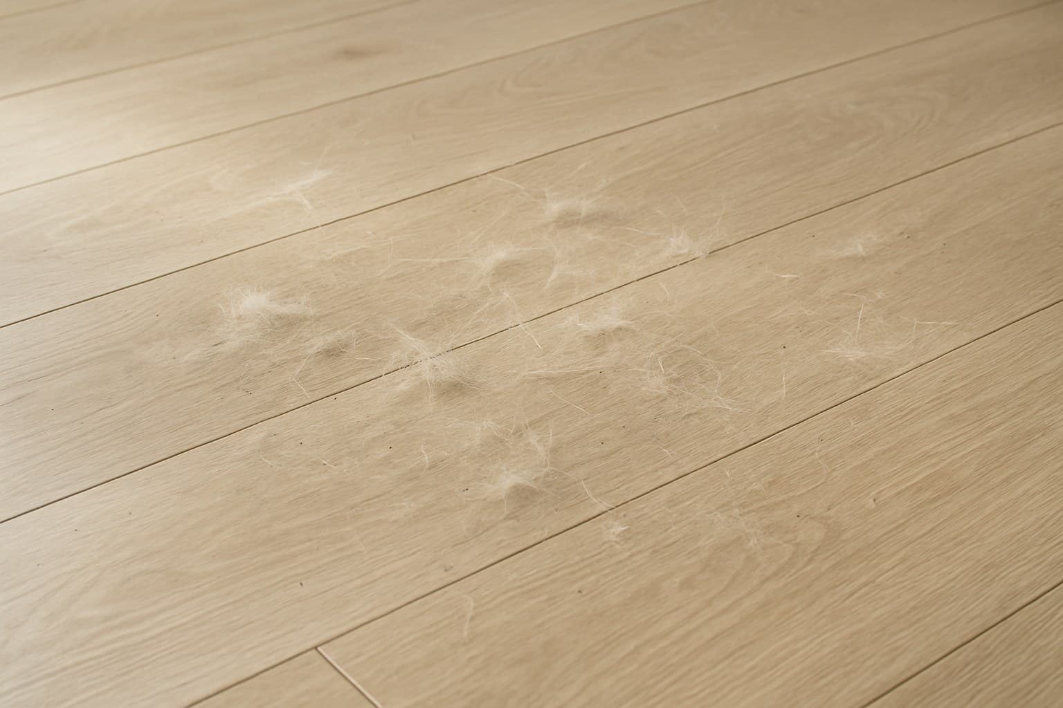Pet hair and dust visible on a light wood plank floor surface