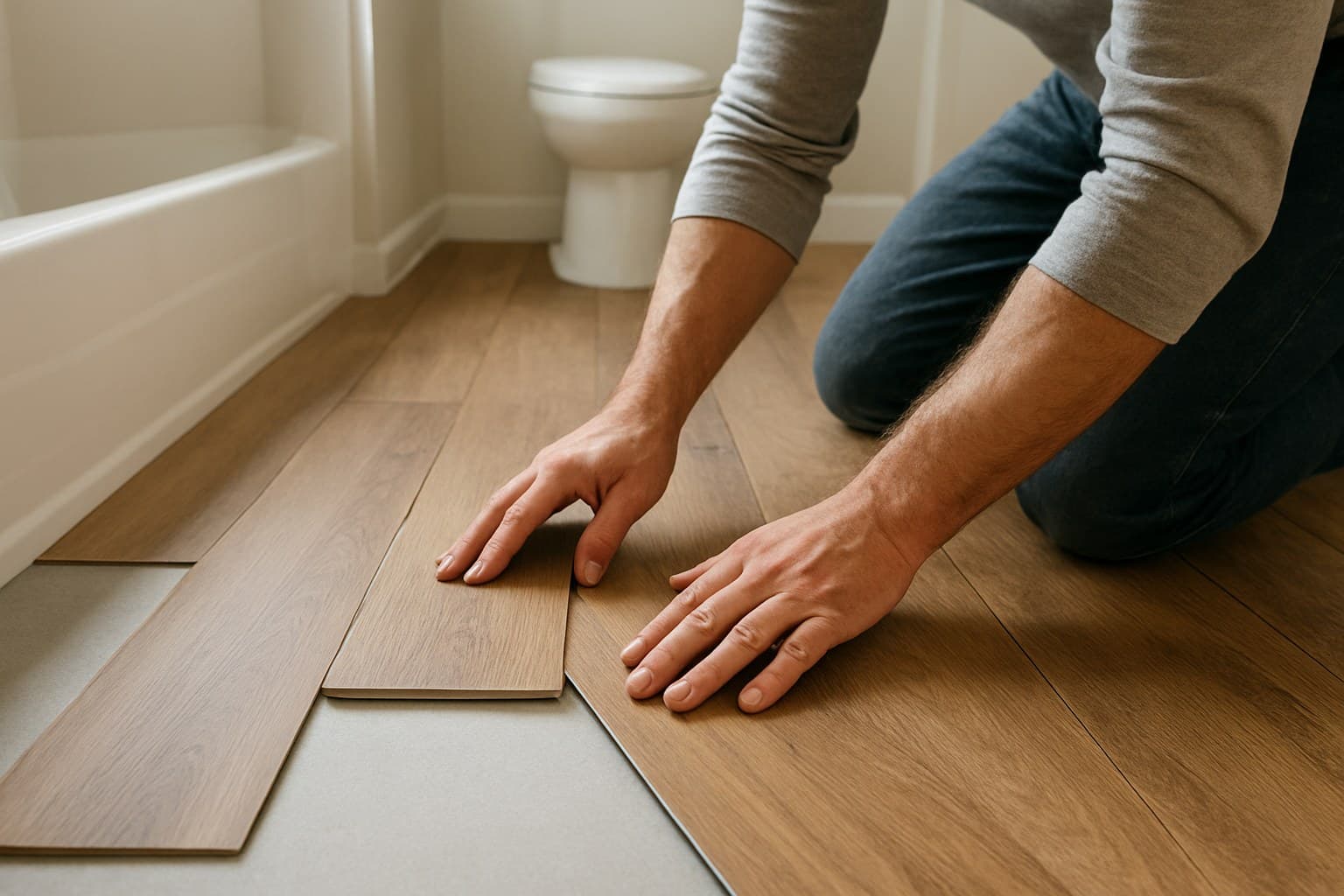 Worker clicking vinyl plank flooring pieces together during installation