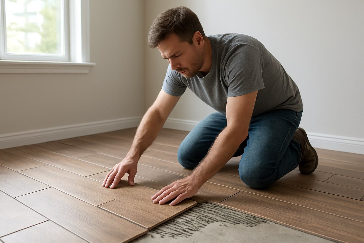 Homeowner kneeling to lay floor tile, comparing DIY effort to hiring a pro