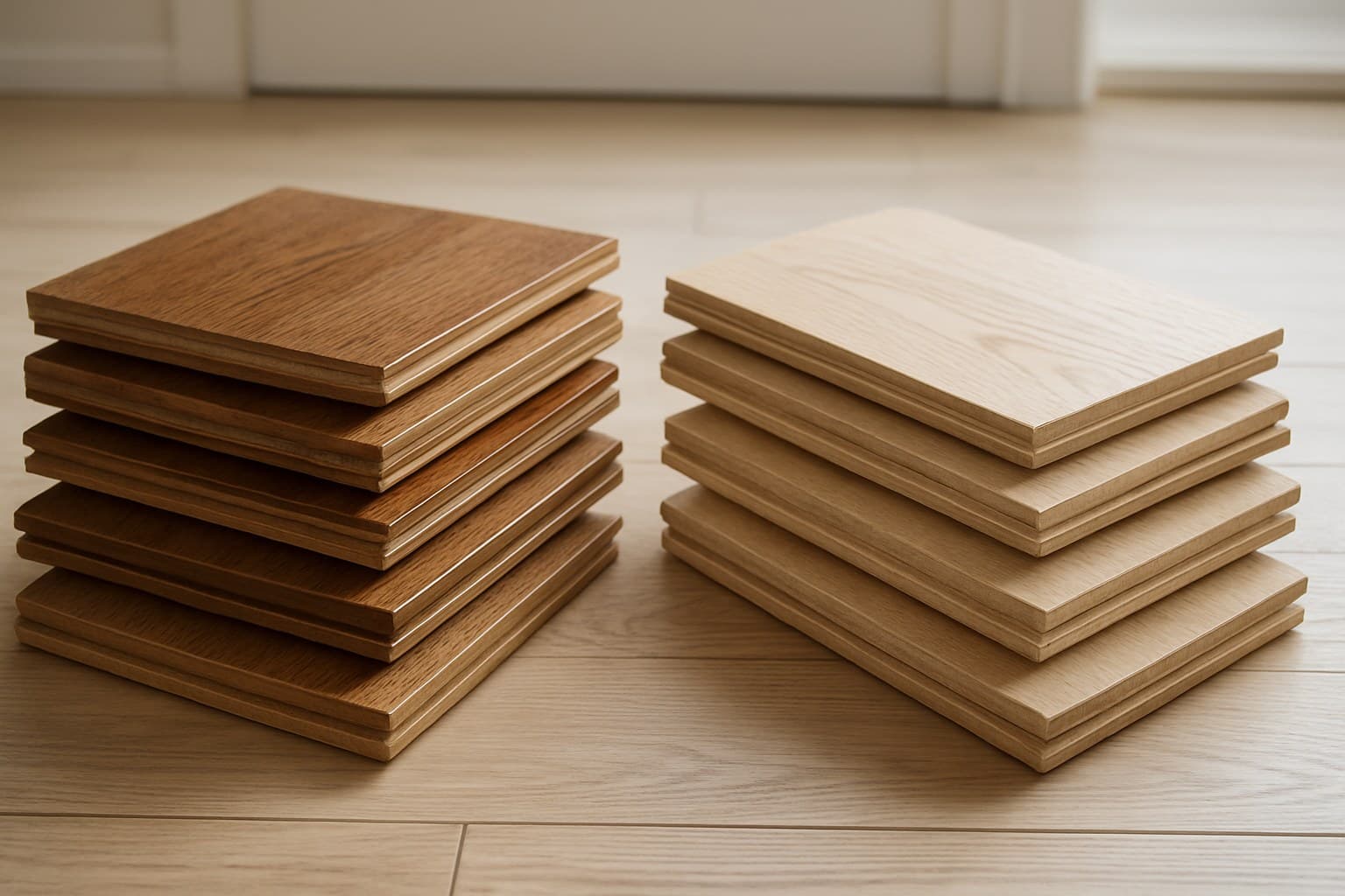 Stacked wood flooring samples showing prefinished and unfinished hardwood surfaces