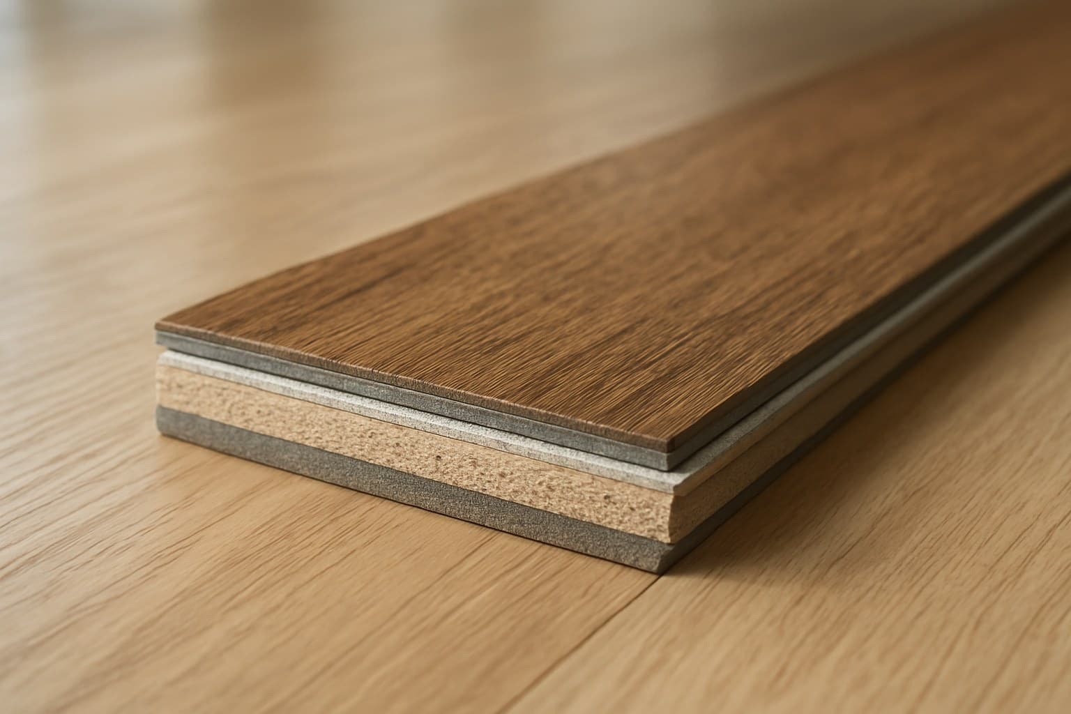 Layered core of a vinyl flooring plank exposed at the cut edge