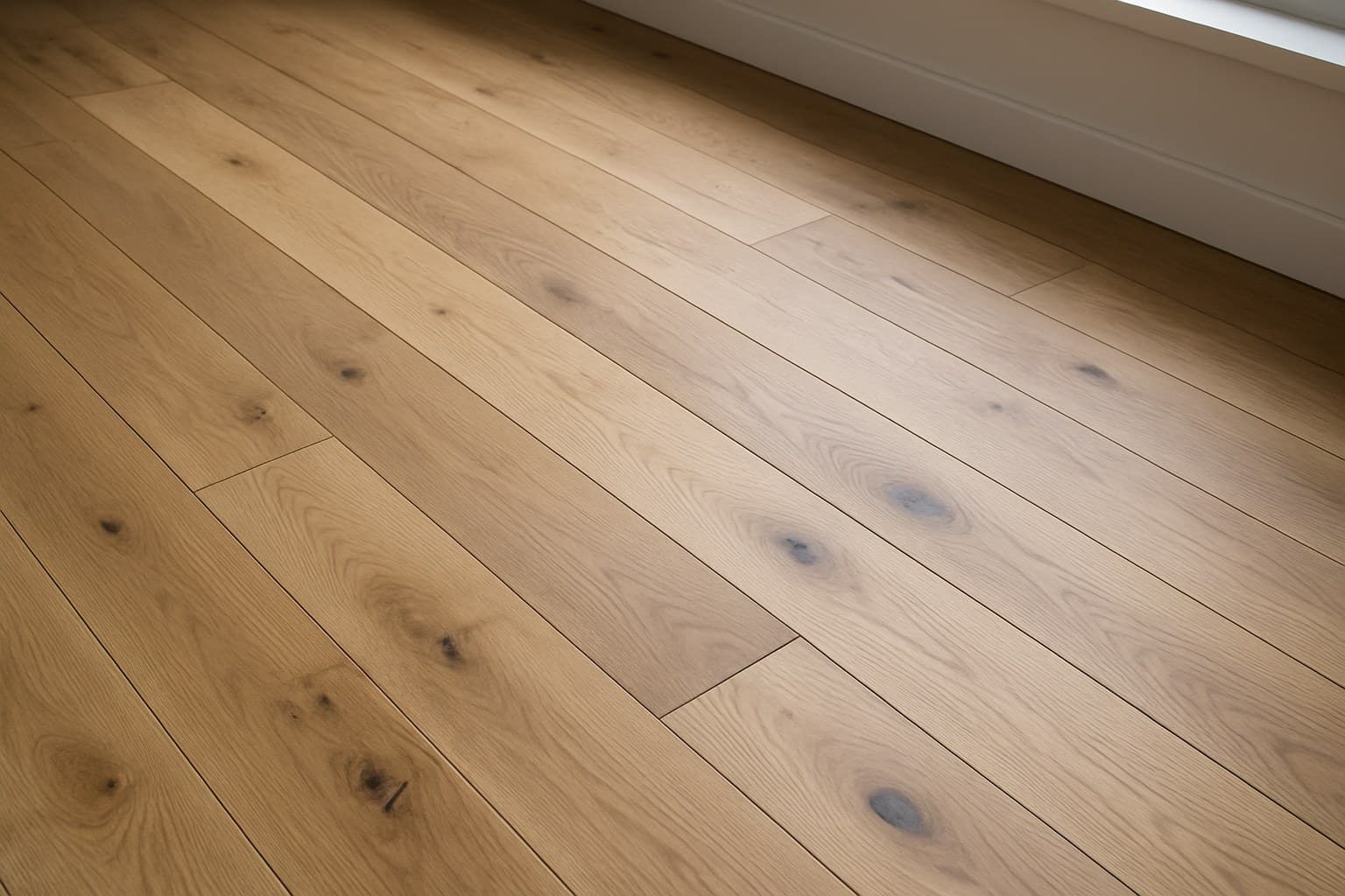 Hardwood flooring boards with visible knots showing grade variation