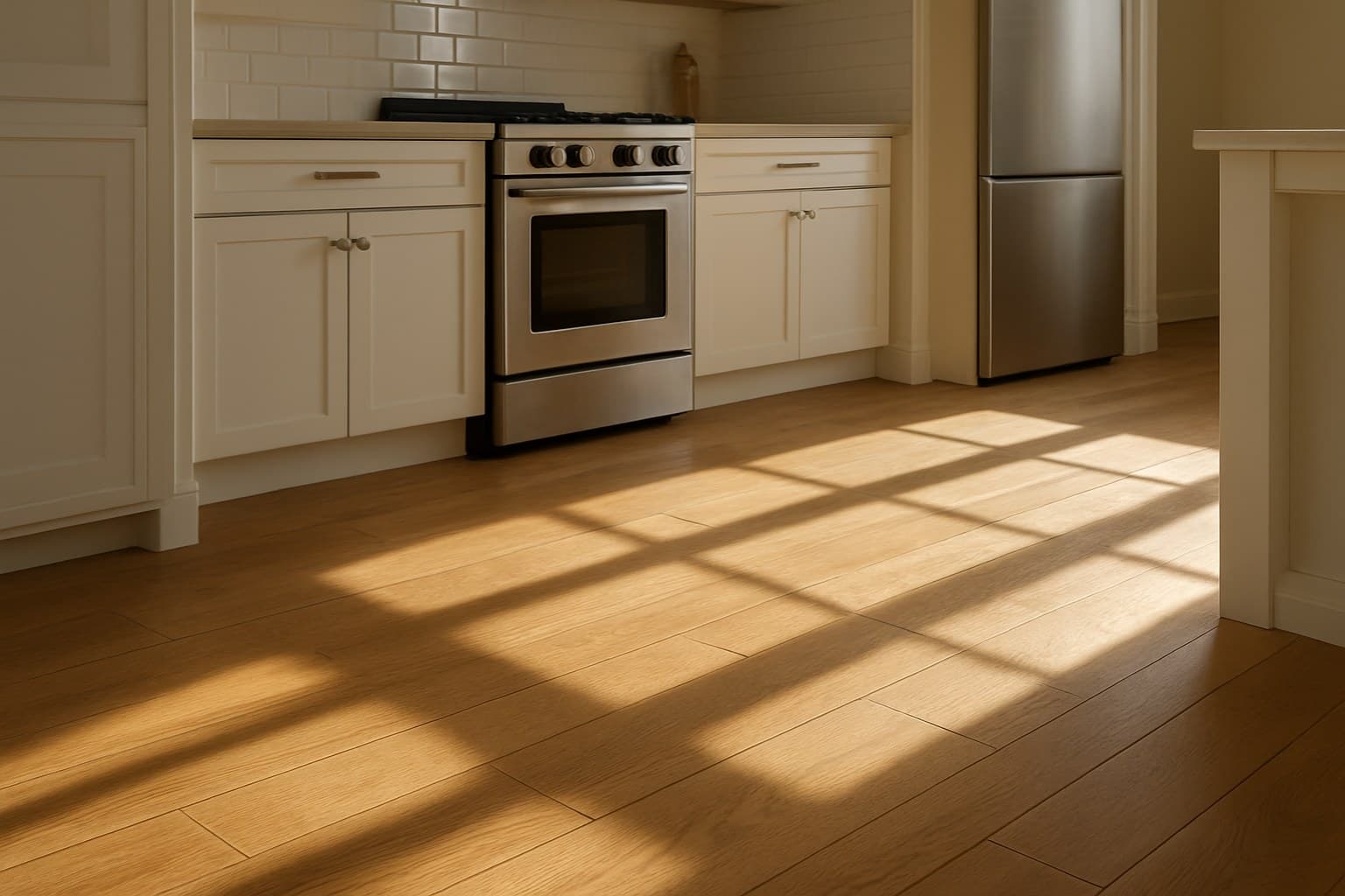 Natural sunlight streaming across a kitchen floor in the morning