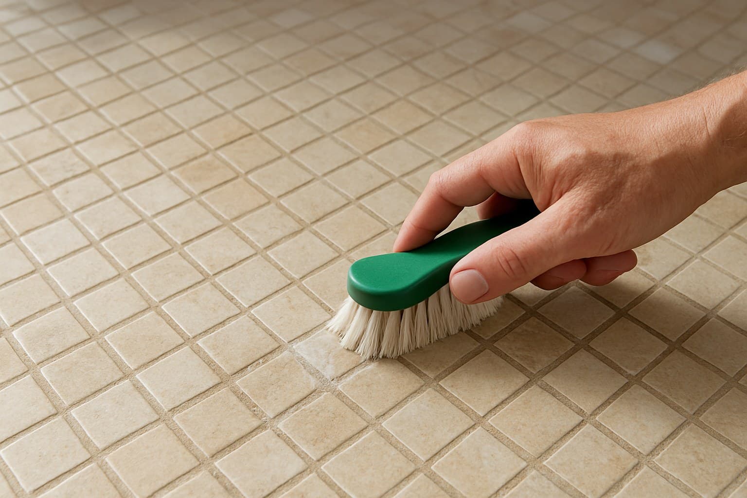 Hand scrubbing grout lines on a tile floor during cleaning