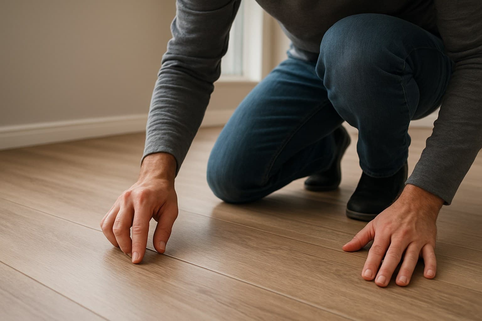 Person crouching to inspect laminate floor seams closely