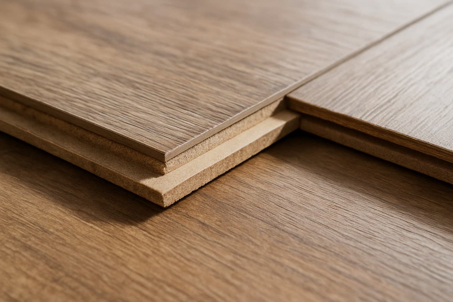Close-up of laminate flooring planks showing the wear layer and core edge
