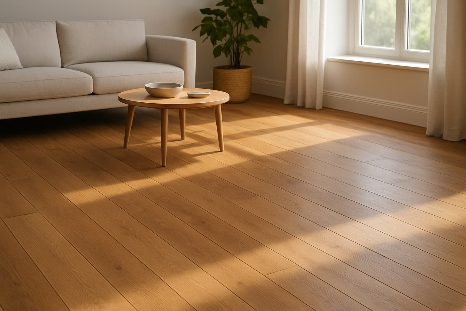 Engineered hardwood flooring in a sunlit living room