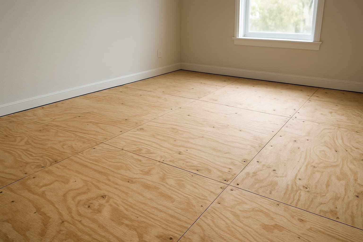 Bare plywood subfloor before vinyl flooring installation