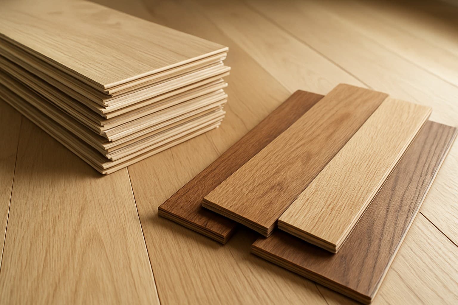 Stacked engineered wood flooring planks beside solid hardwood samples