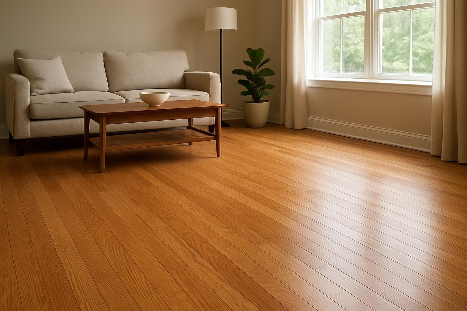 Living room floor finished in warm red oak hardwood planks