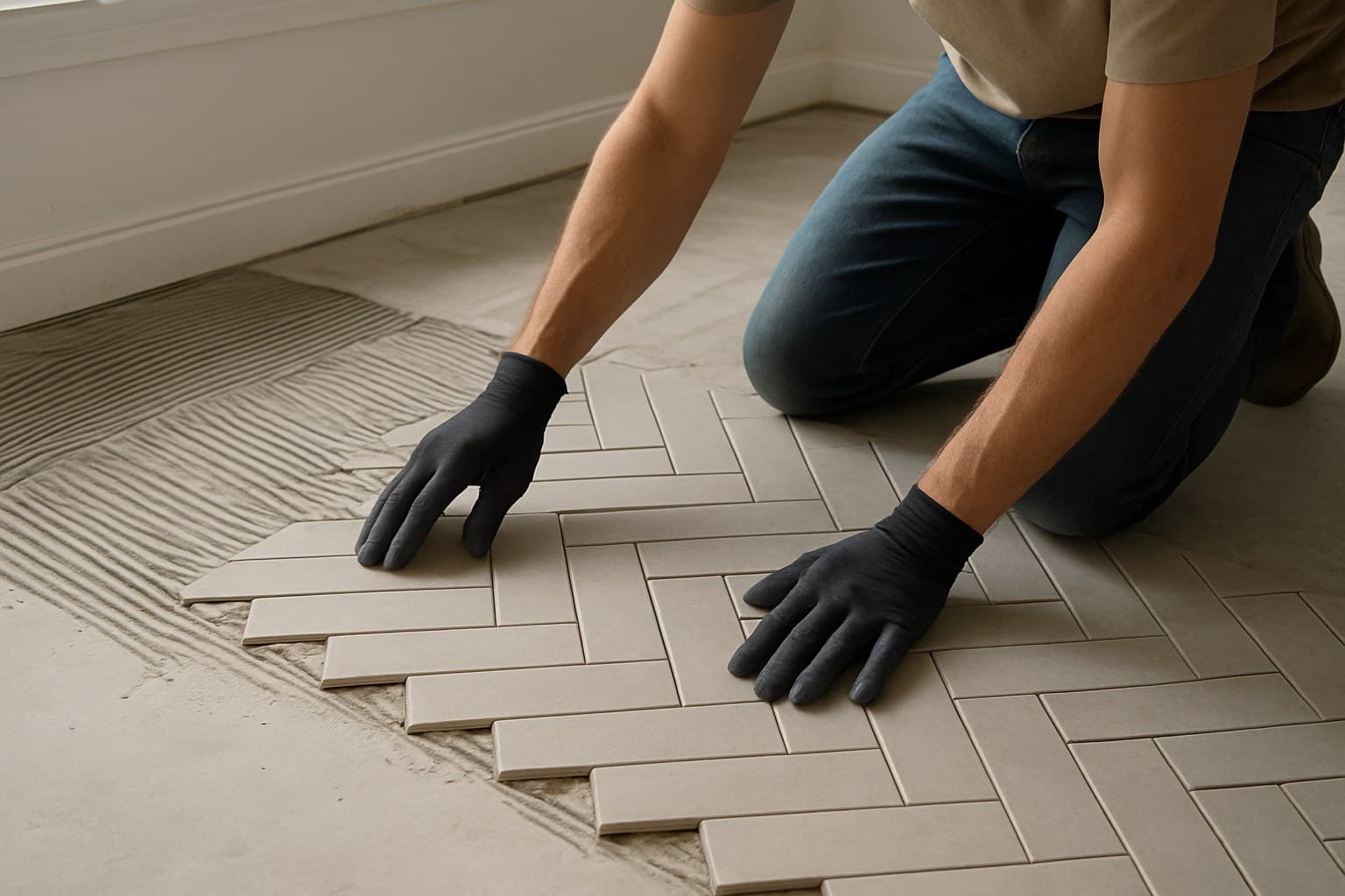 Person kneeling to lay herringbone tile by hand