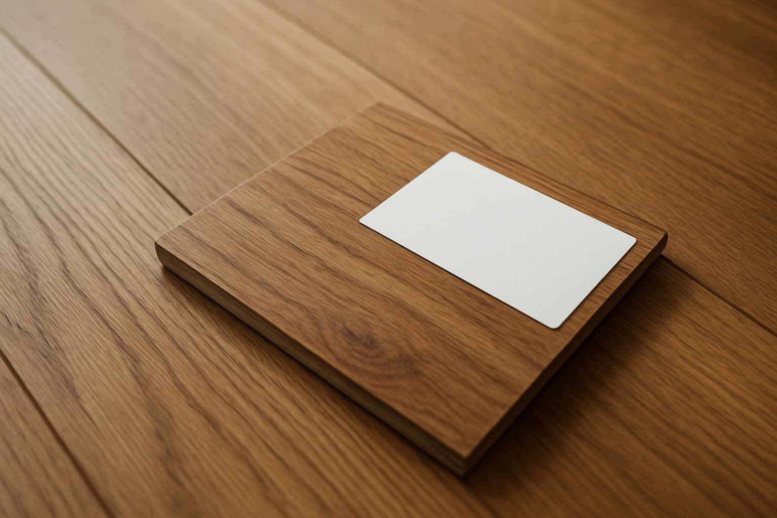 Close-up of a flooring product label on a wood plank sample