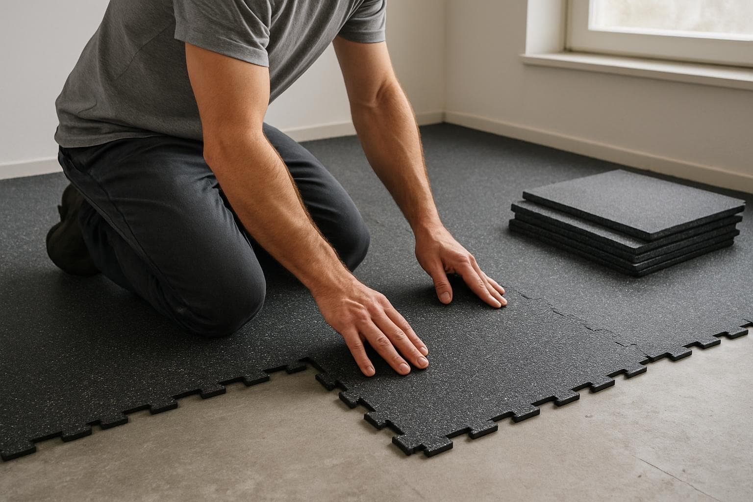 Worker installing rubber tiles on a floor