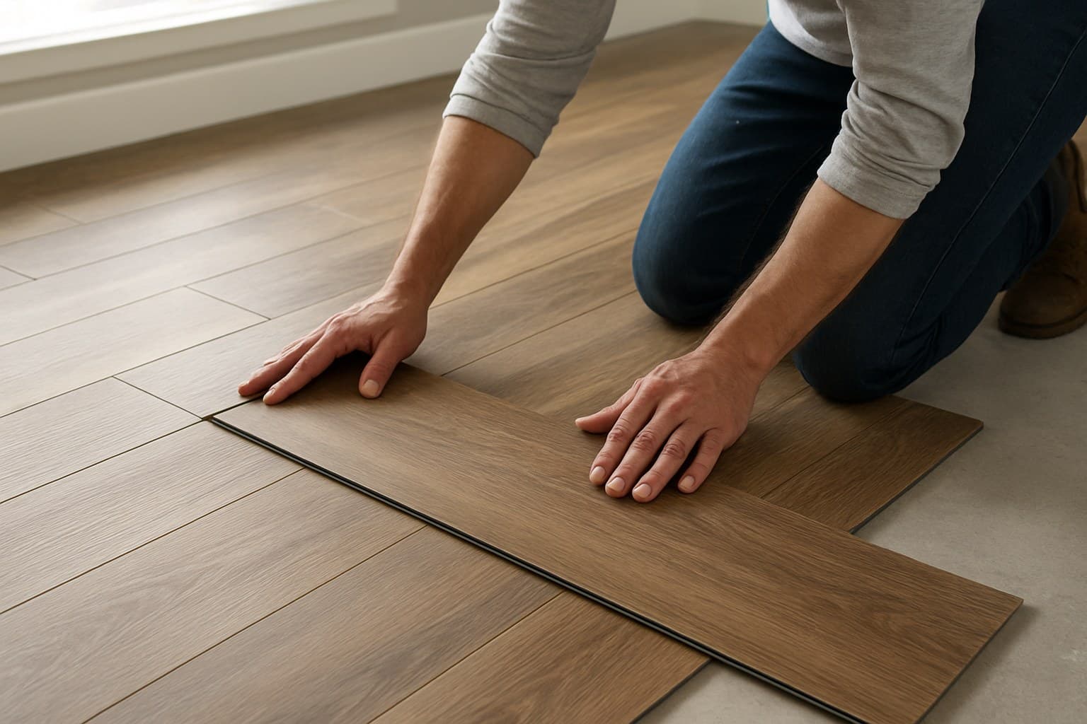 Person installing luxury vinyl tile planks by hand on a floor
