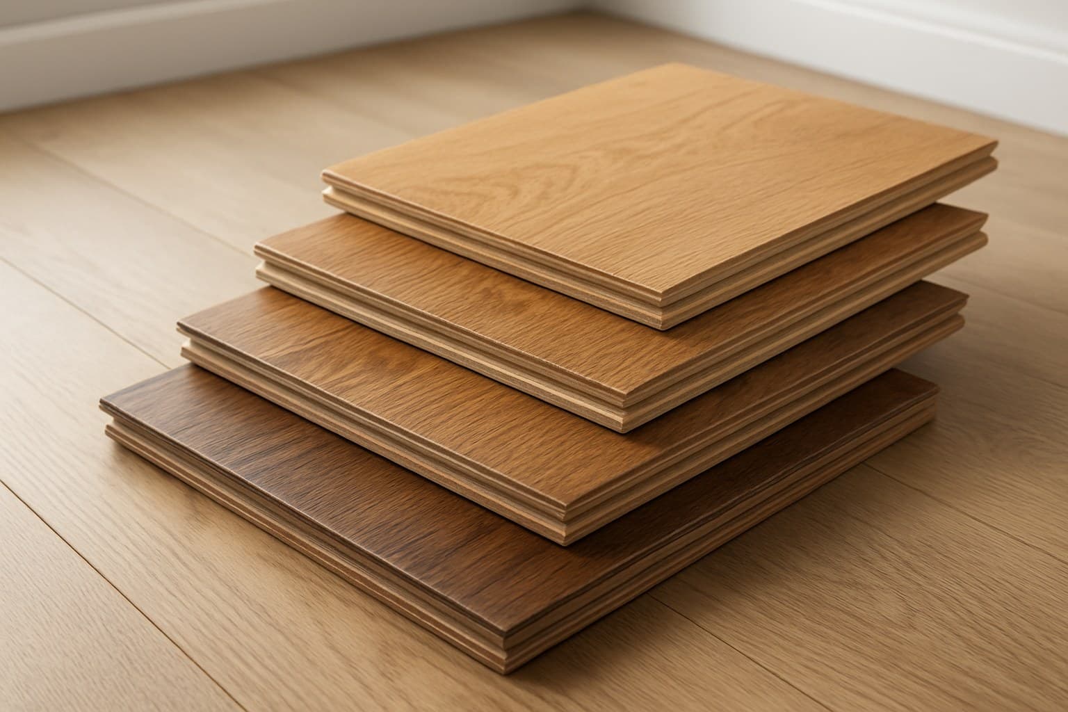 Stacked hardwood flooring samples arranged for comparison