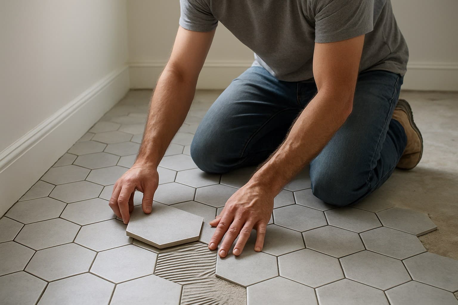 Tile installer kneeling while laying floor tile