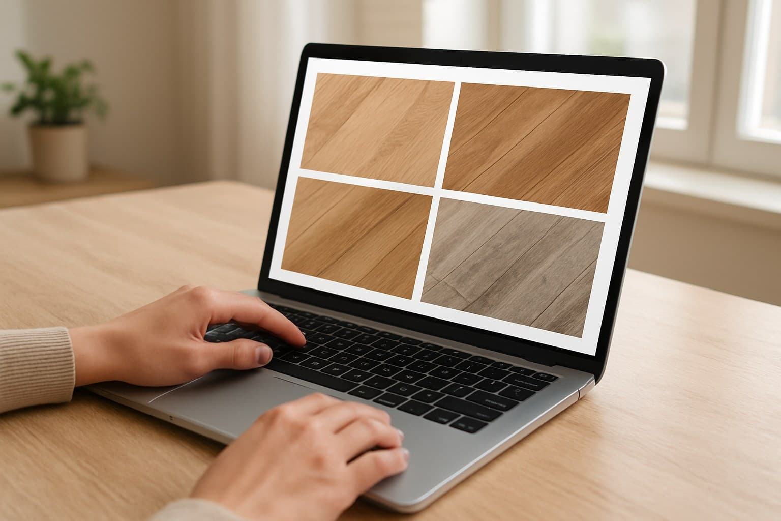 Person comparing laminate flooring options on a laptop while shopping online.