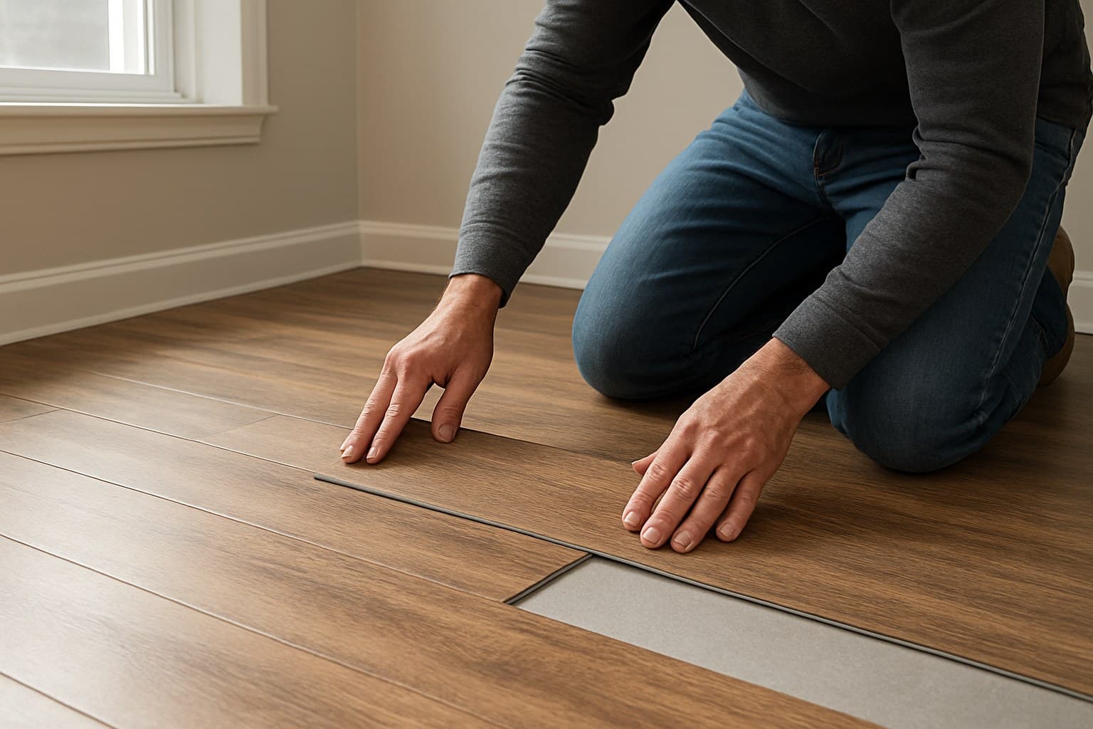 Person kneeling to install vinyl plank flooring by hand