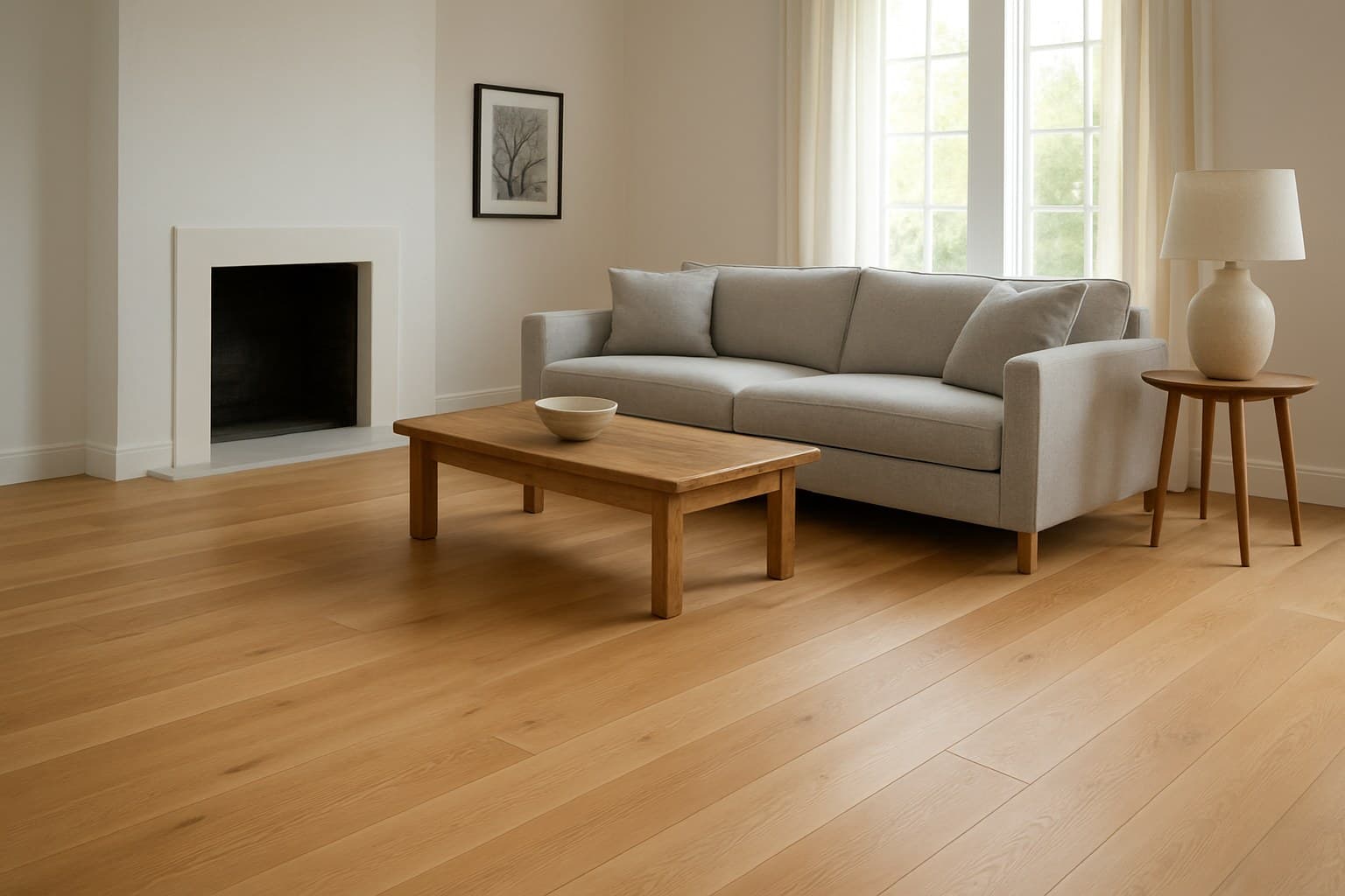 Living room interior featuring wide maple plank flooring