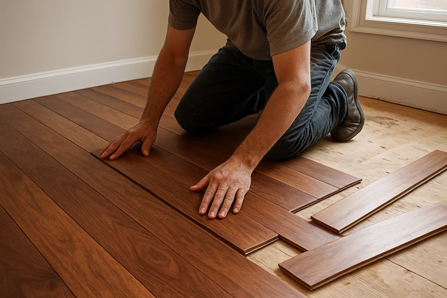 Worker installing hardwood flooring boards, illustrating a demanding installation job