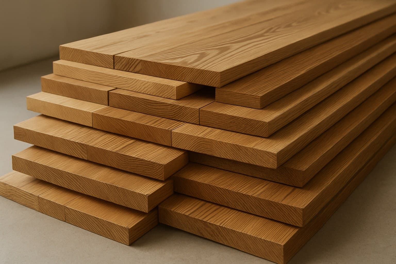Stacked wood planks of varying widths and grain grades for flooring