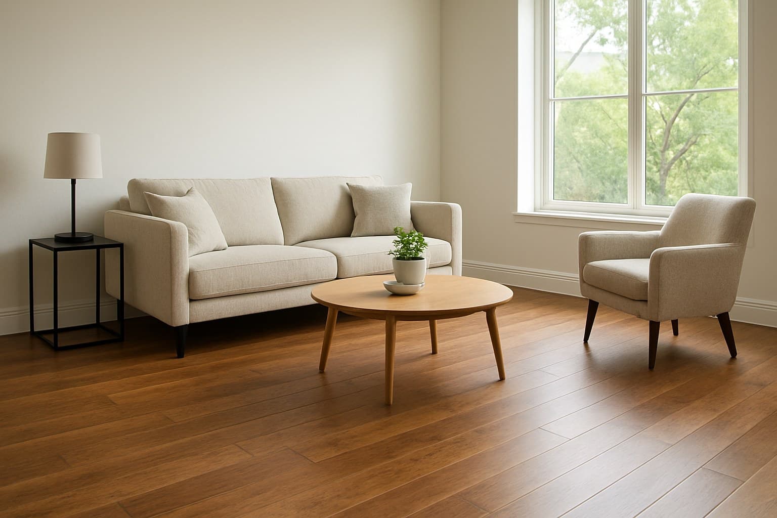 Living room with hardwood flooring instead of rubber tiles