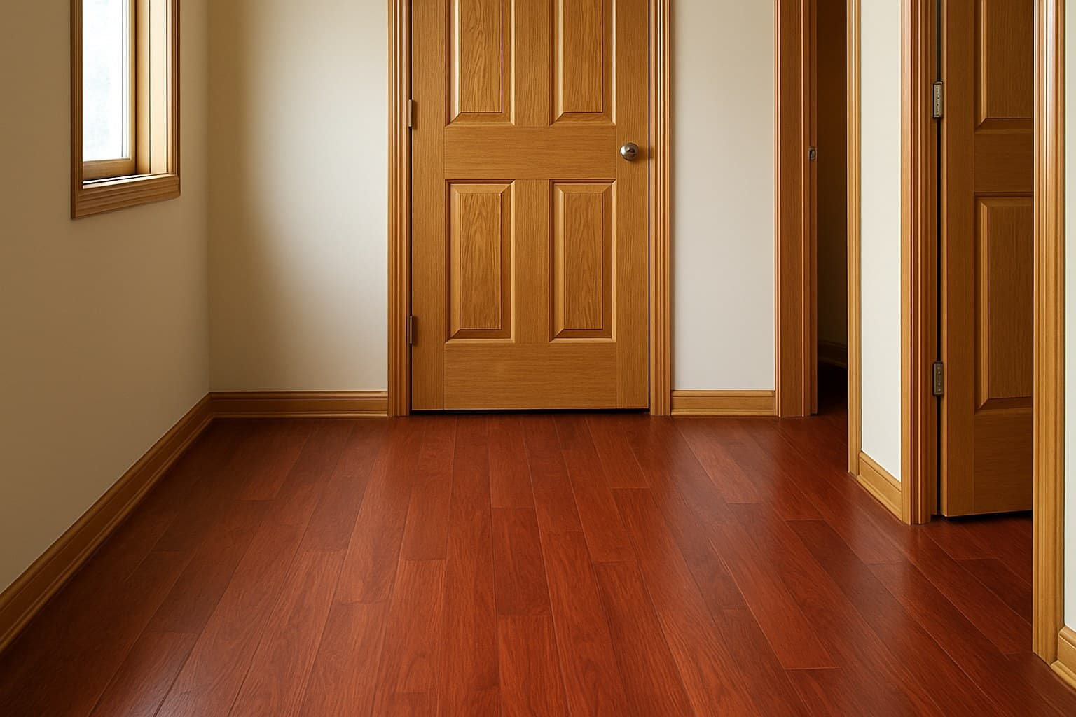 Honey oak trim and doors set against cherry vinyl flooring