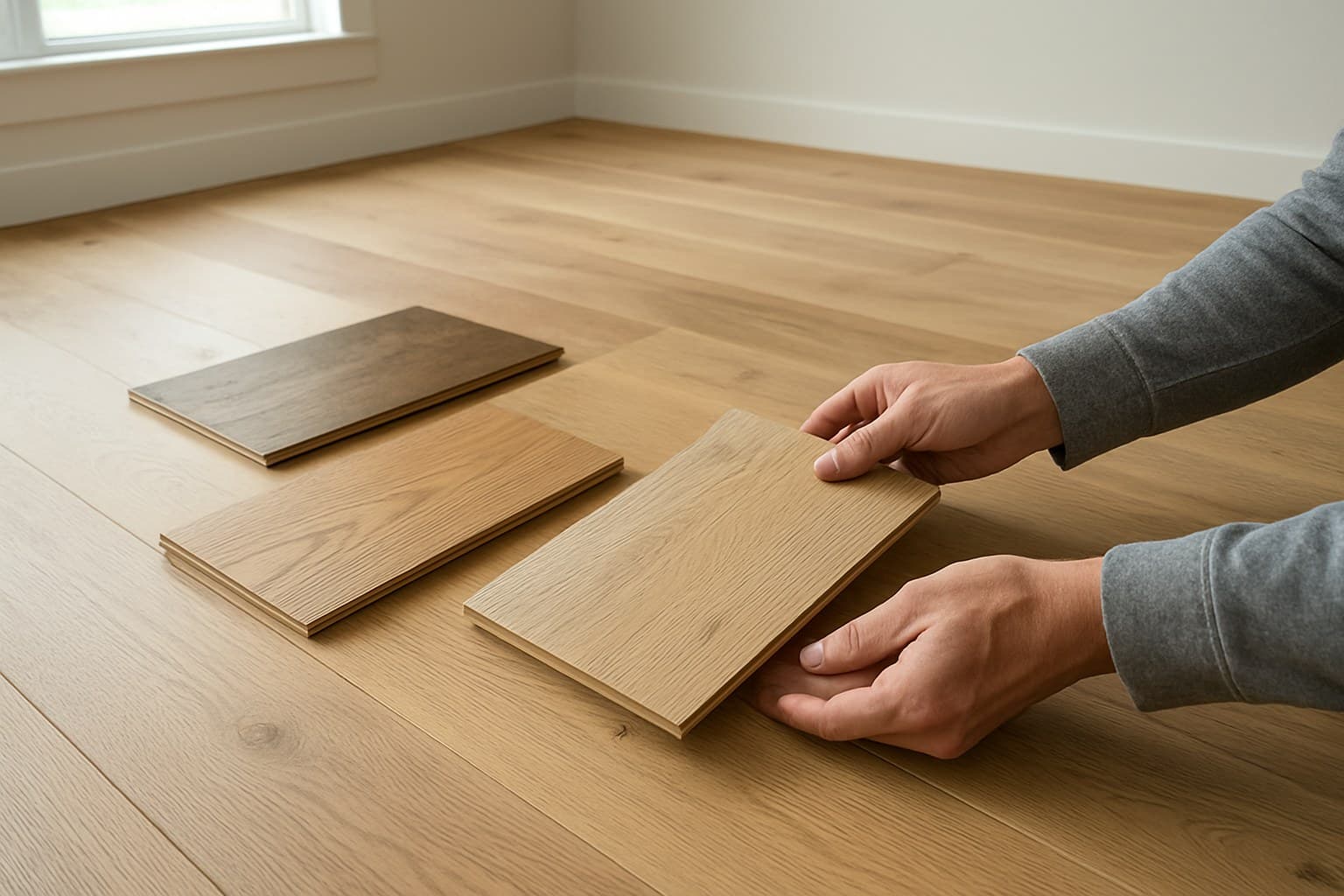 Person comparing wood flooring samples to decide which to buy