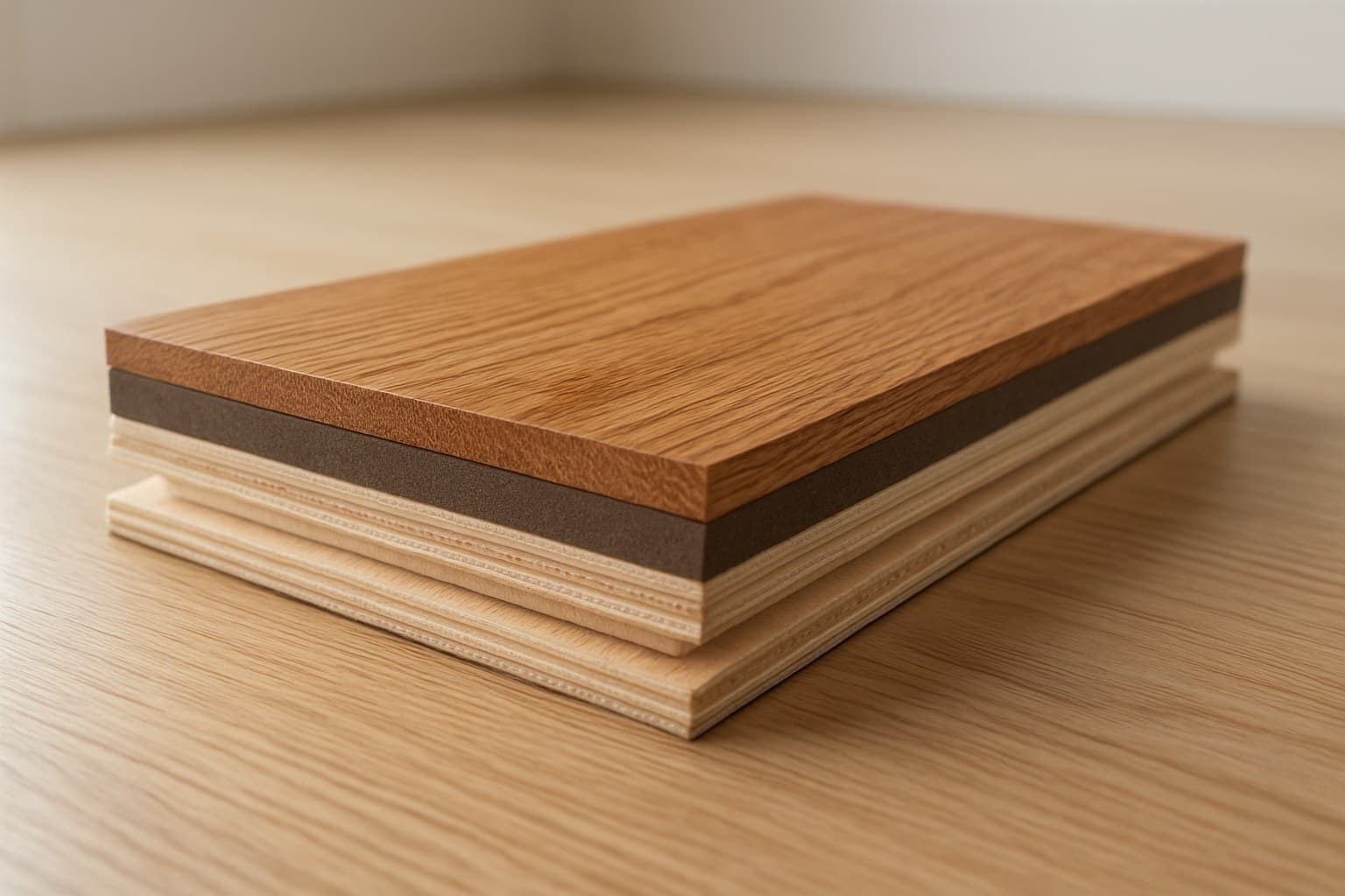 Cross-section of engineered wood flooring plank layers