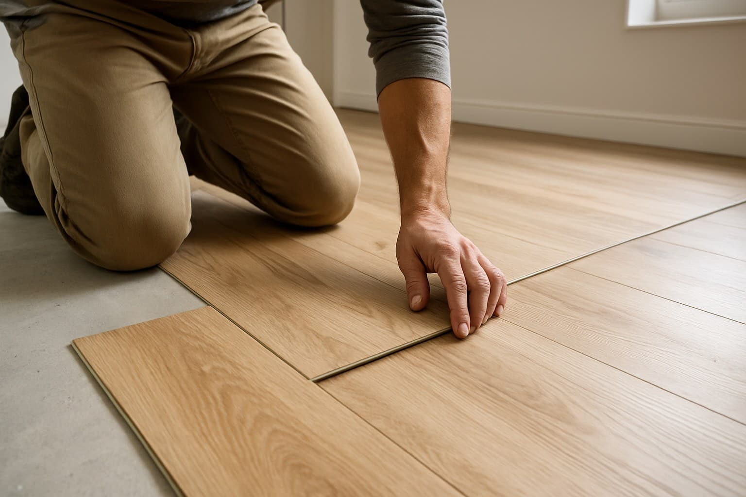 Installer clicking together vinyl plank flooring pieces on subfloor