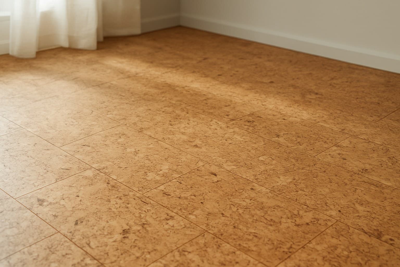 Close-up of cork flooring, a natural material that still relies on adhesives