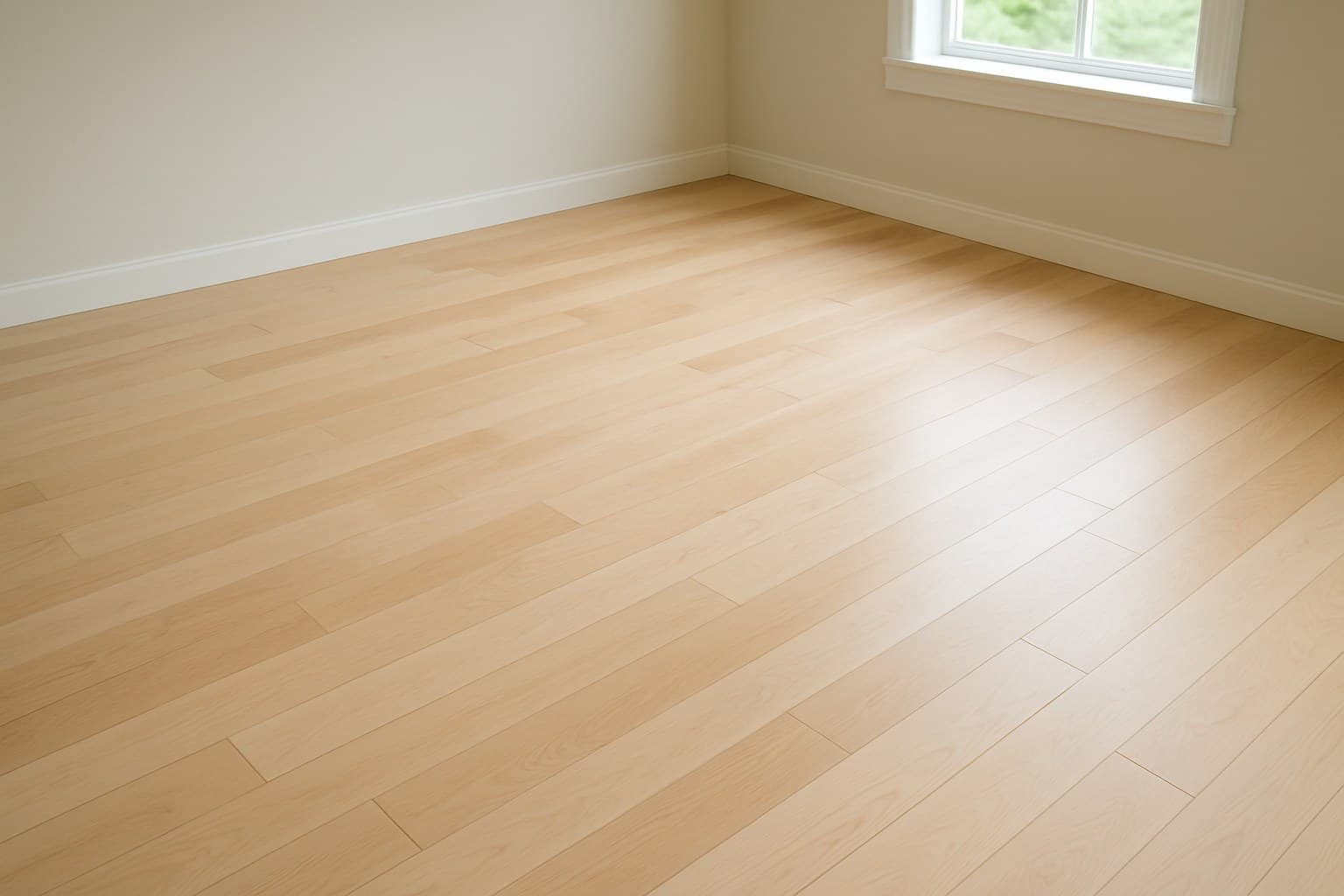 Natural, unstained maple flooring showing its pale finish left bare by installers