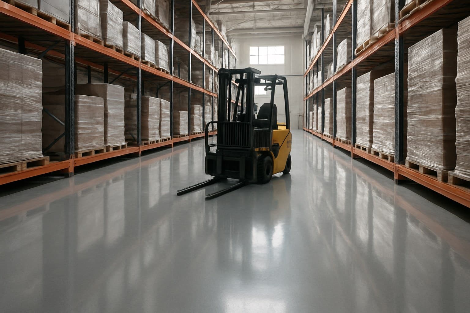 Forklift driving down a warehouse lane coated with a polyaspartic topcoat