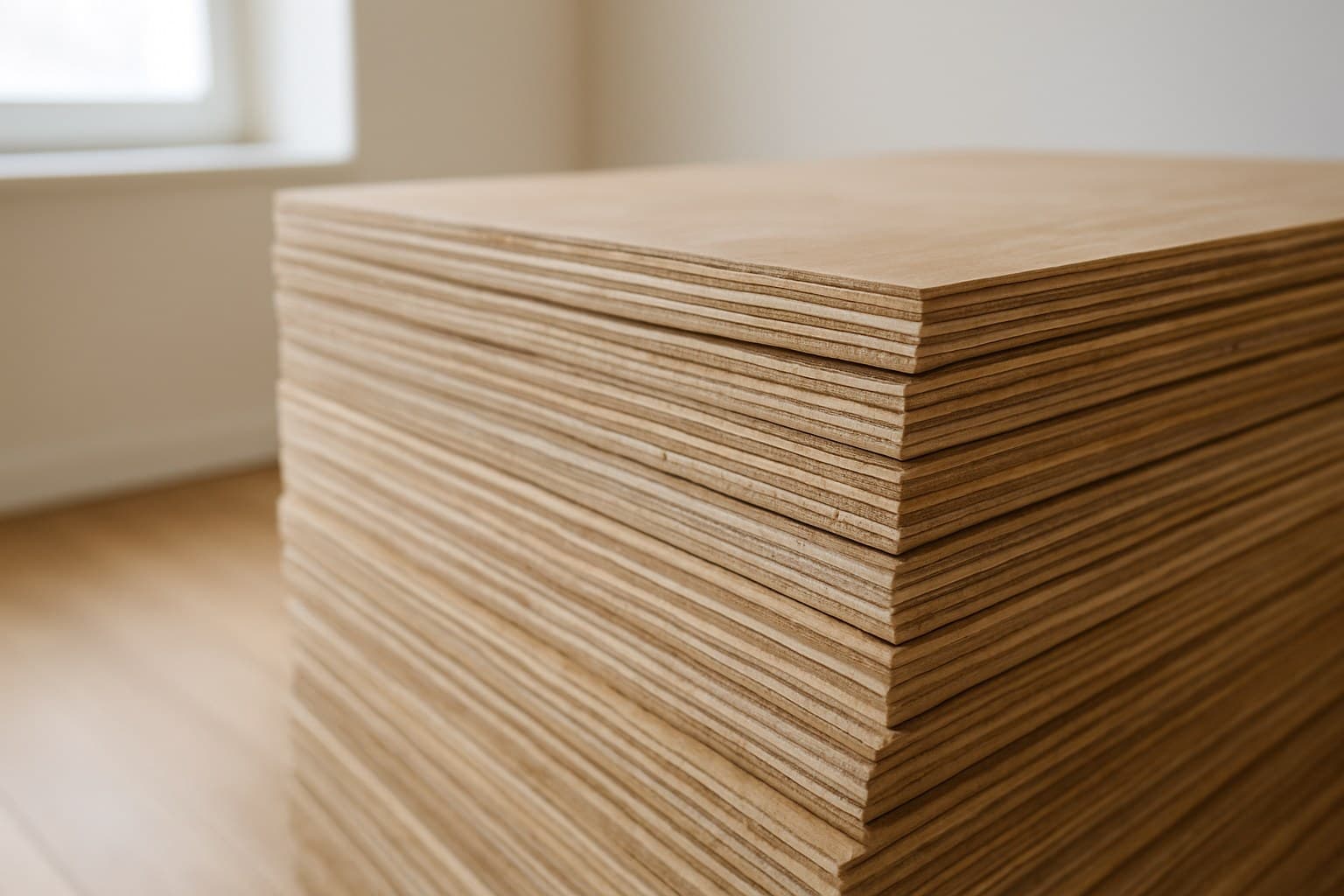 Stack of plywood sheets showing layered core material