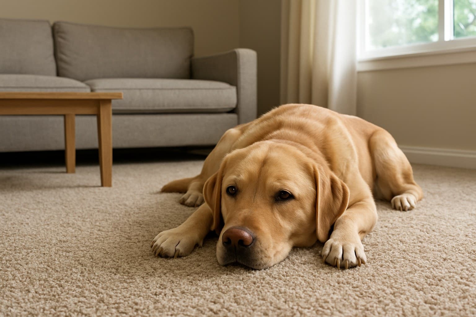 A dog rests comfortably on a thick carpeted living room floor
