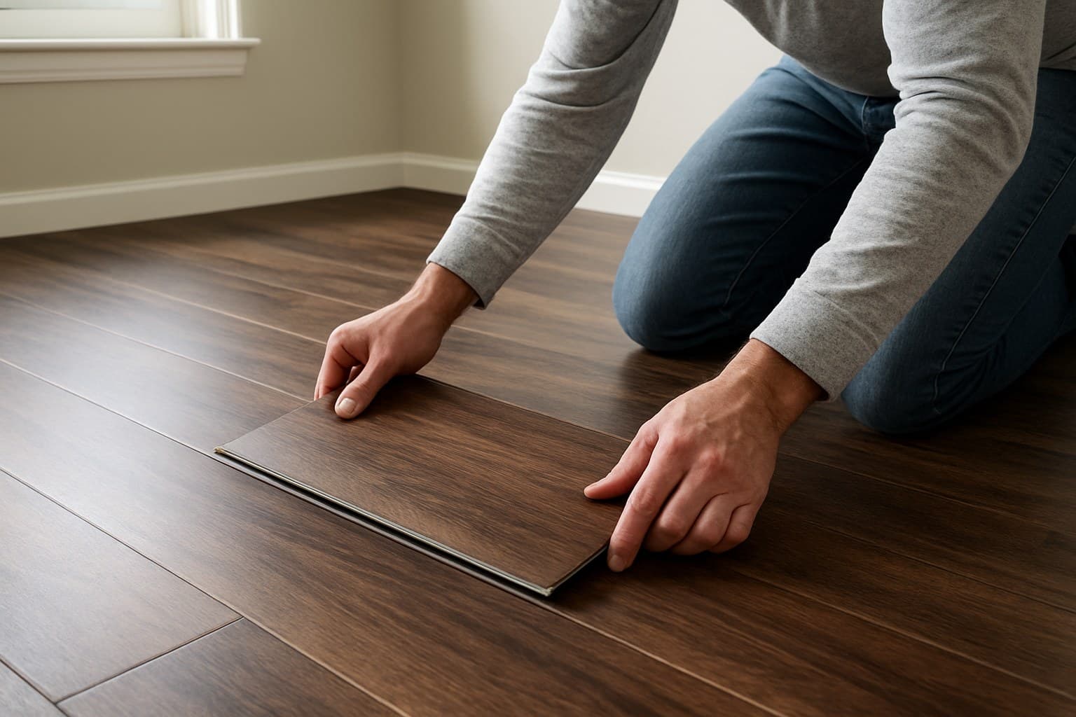 Person kneeling to click-lock a vinyl plank into place during a flooring installation