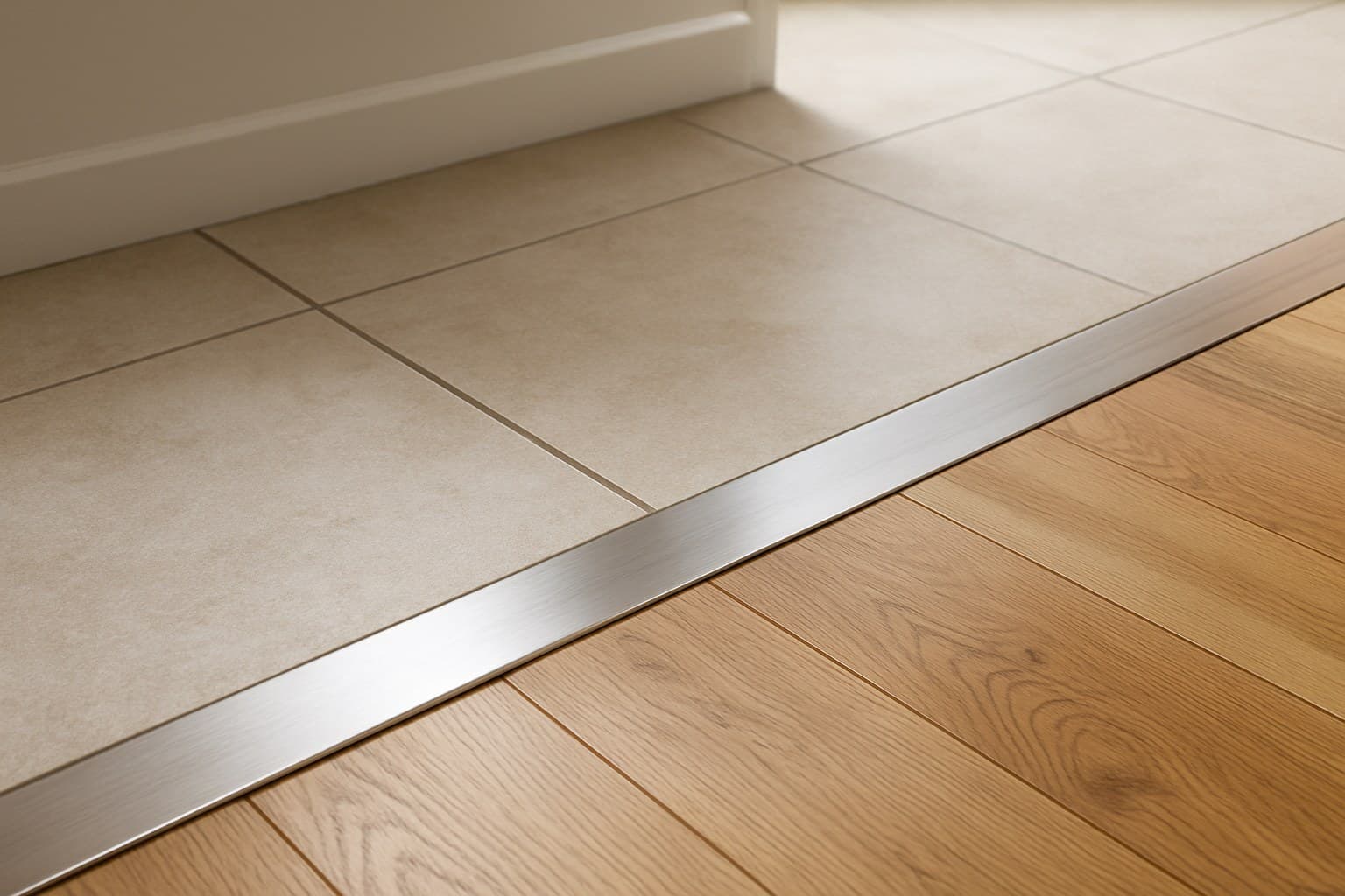 Metal trim strip finishing the edge of a tiled floor transition