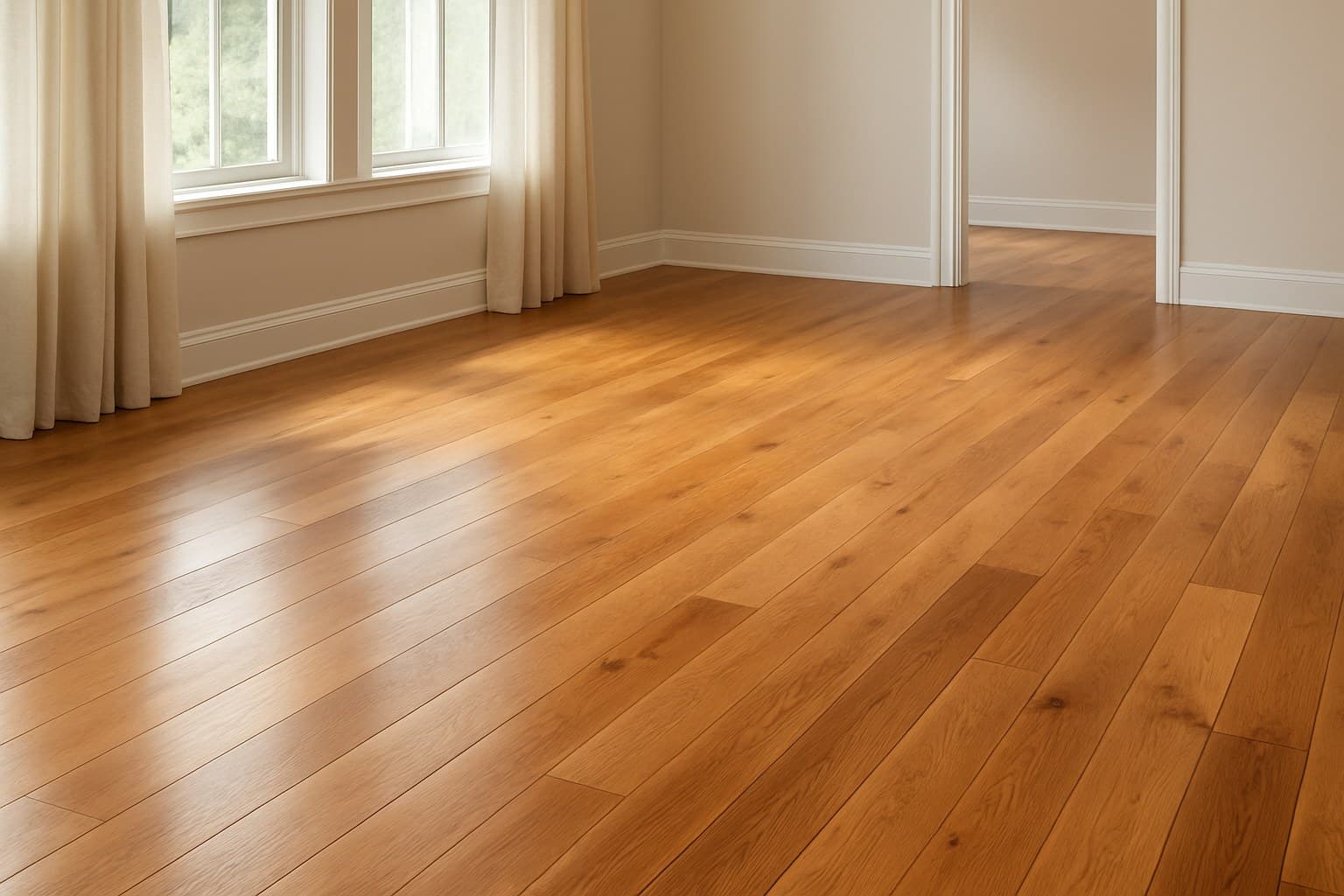 Warm-toned wood flooring in a bright room reflecting a shift away from gray