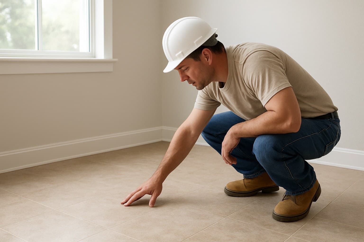 Contractor inspecting a floor before starting a tiling project