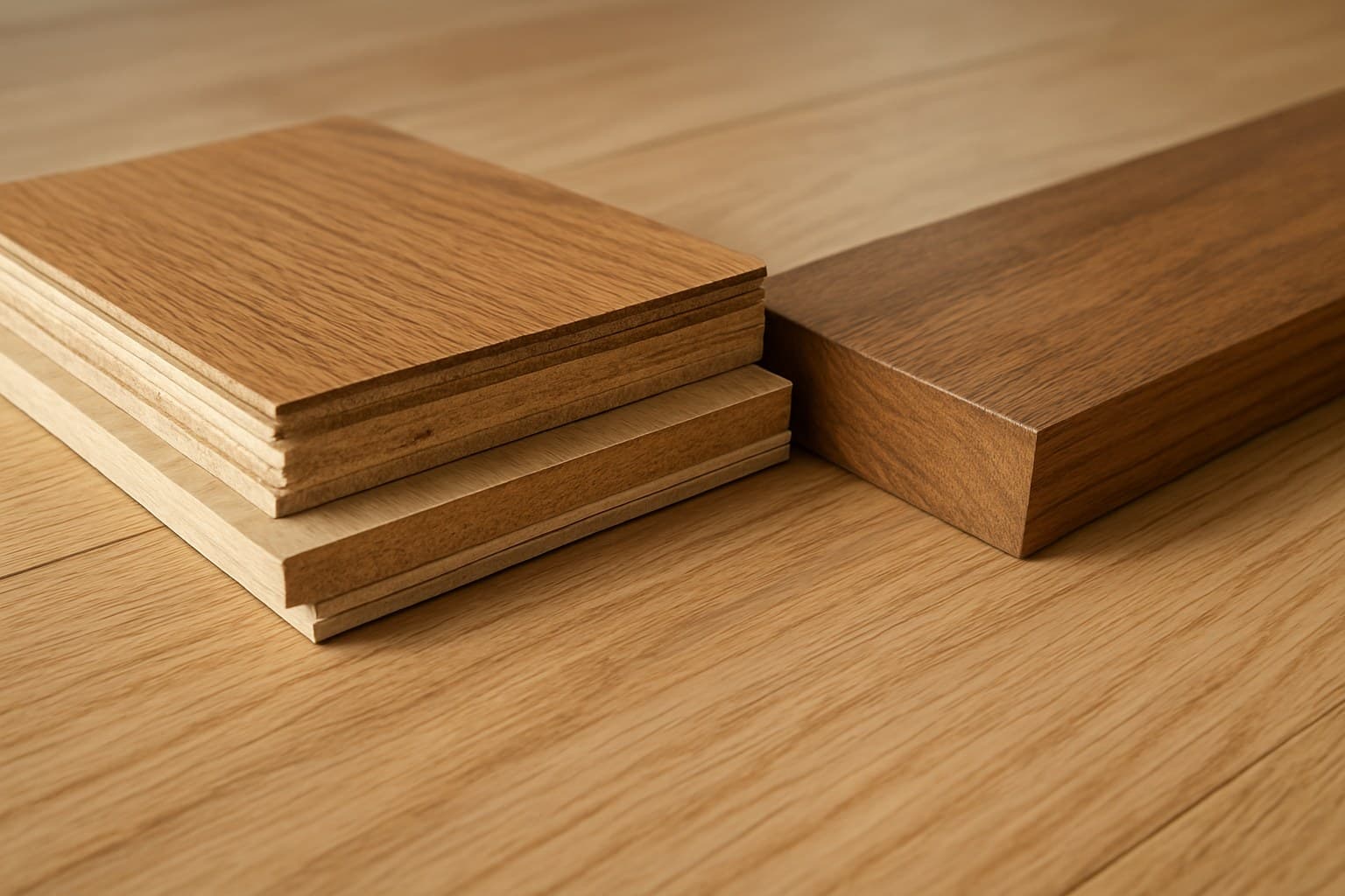Cross-section of engineered wood flooring layers beside solid hardwood strip