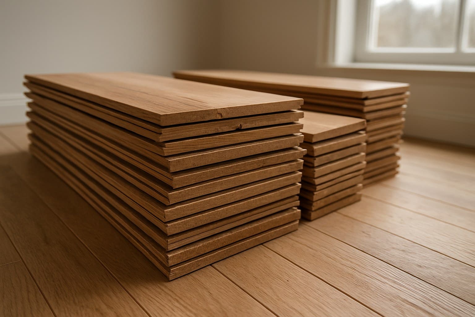 Stacked hardwood planks prepared for a flooring installation project