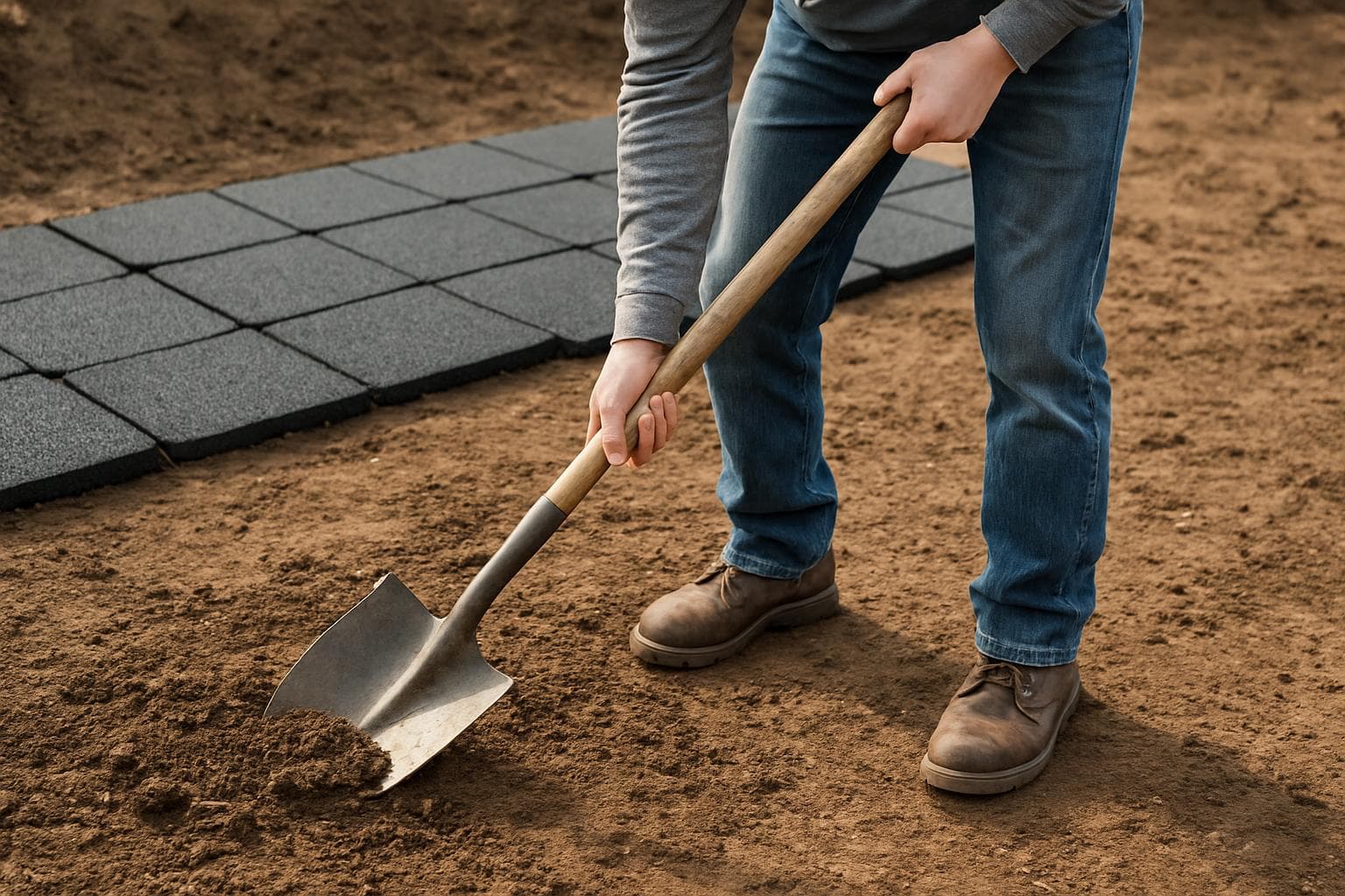 Person digging and leveling ground with a shovel