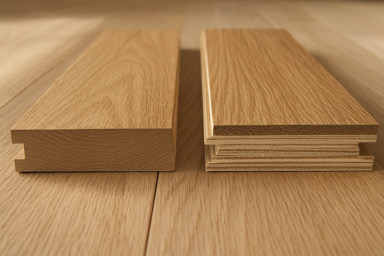 Cross section comparing solid and engineered wood flooring planks