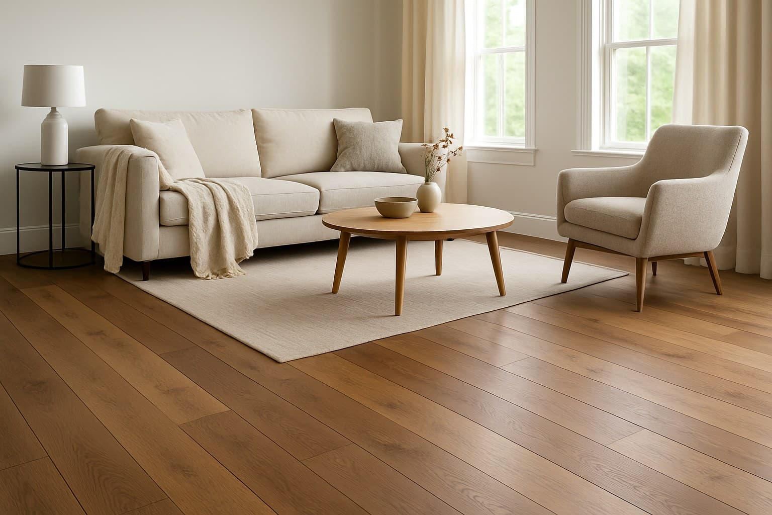 Living room interior with engineered hardwood flooring installed