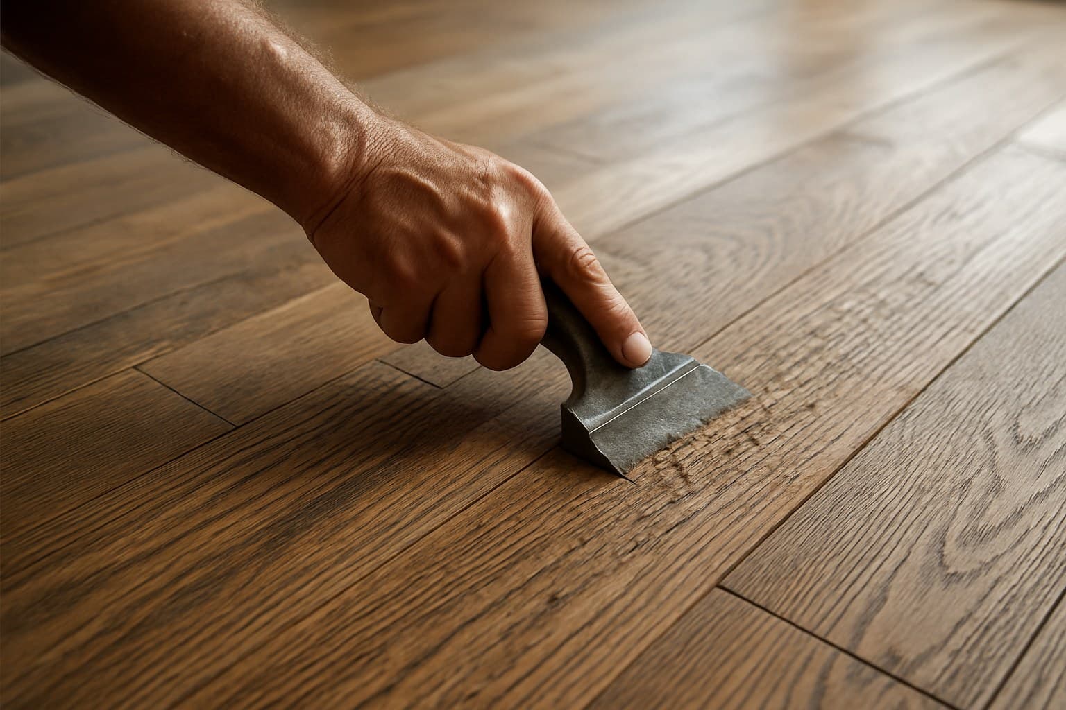 Craftsman hand scraping a wood plank to create textured hand scraped hardwood flooring